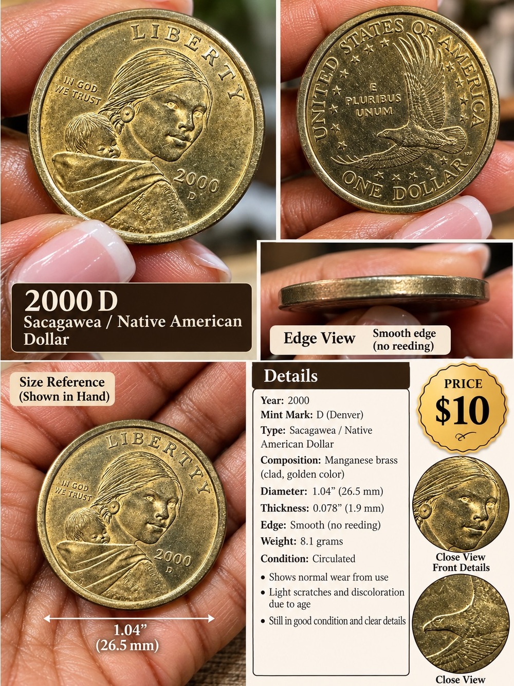 Sacagawea Native American Dollar Coin - 2000 D - Gold Tone